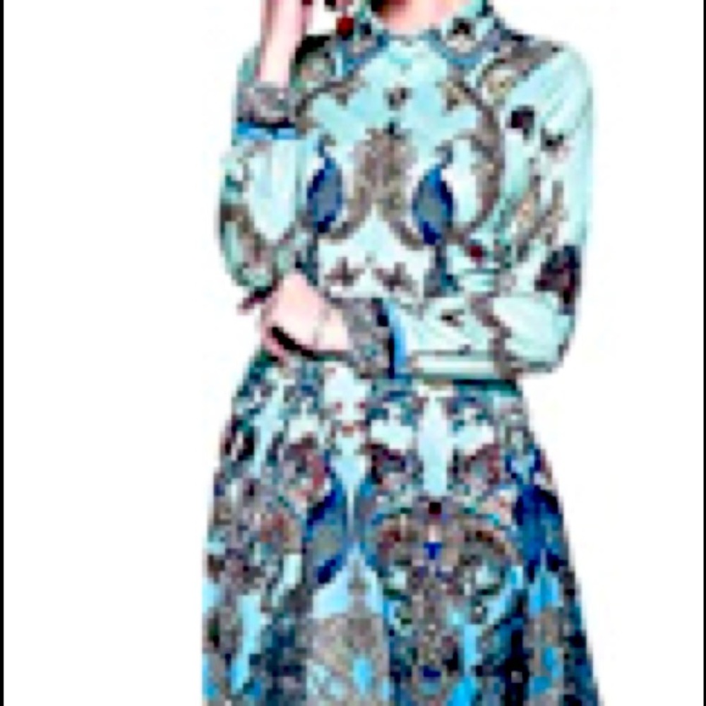 New.  Multicolored mint green dress with blue peacocks, butterflies, flowers.